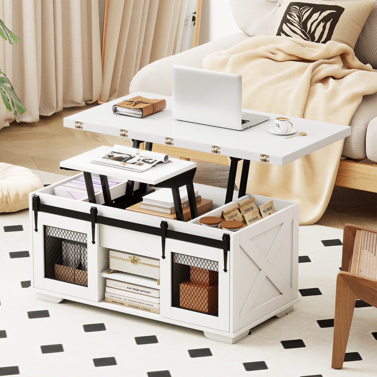 Lift Top Coffee Table with 2 Sliding Barn Doors and Open Shelves-White