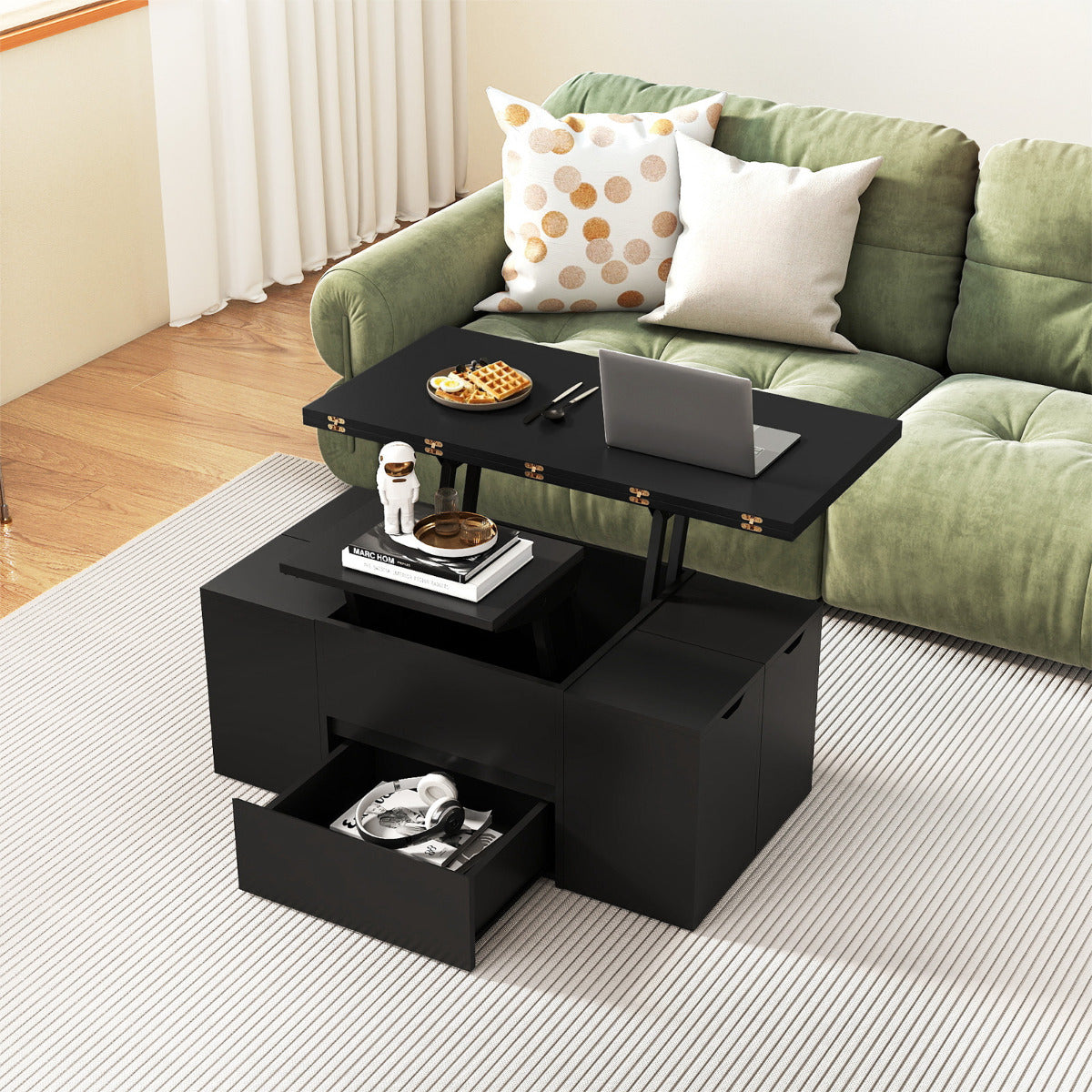 Lift Top Coffee Table with Hidden Compartment and Drawer-Black