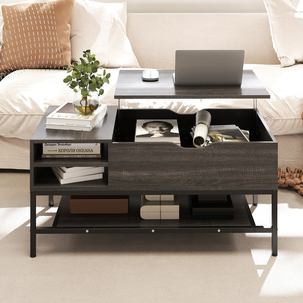 Lift Top Coffee Table with Hidden Compartment and Storage Shelf-Grey