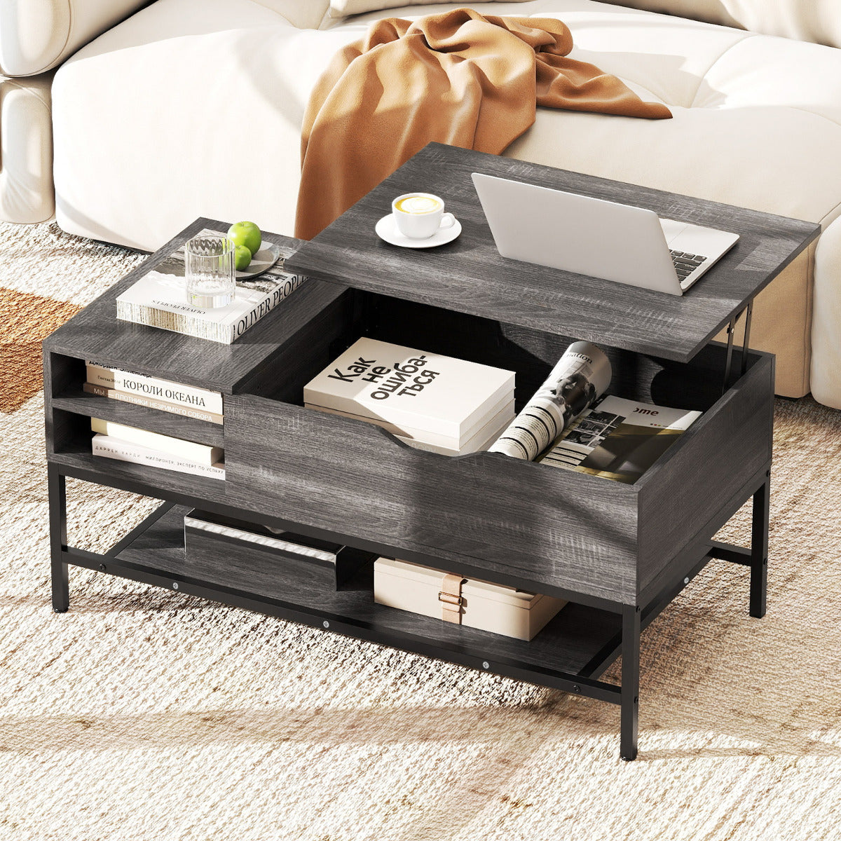 Lift Top Coffee Table with Hidden Compartment and Storage Shelf-Grey