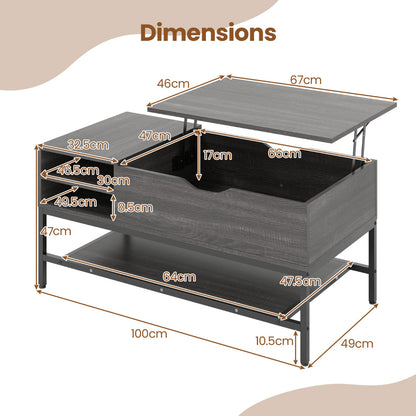 Lift Top Coffee Table with Hidden Compartment and Storage Shelf-Grey