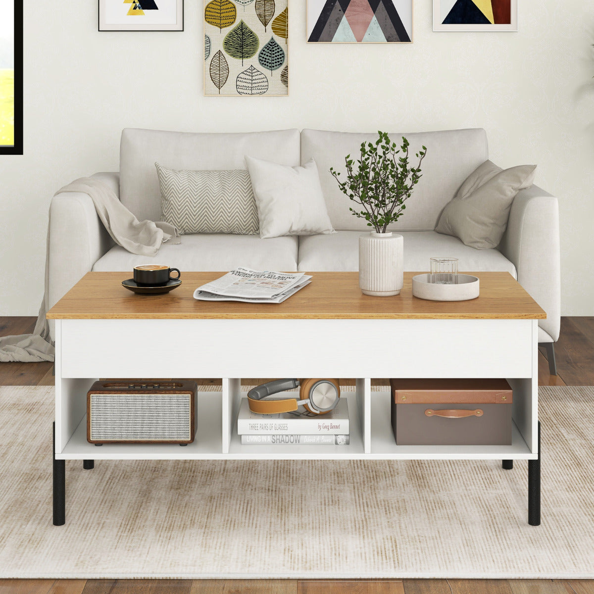 Lift Top Coffee Table with Large Hidden Compartment and 3 Open Cubbies-White