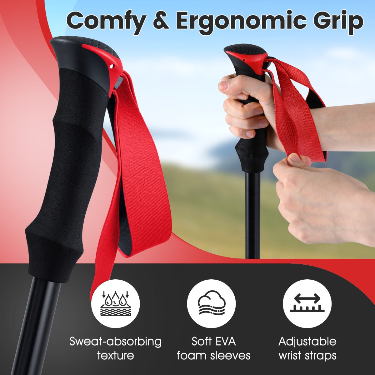Lightweight Tri-fold Walking Sticks with Flip Lock and EVA Foam Handle-Red