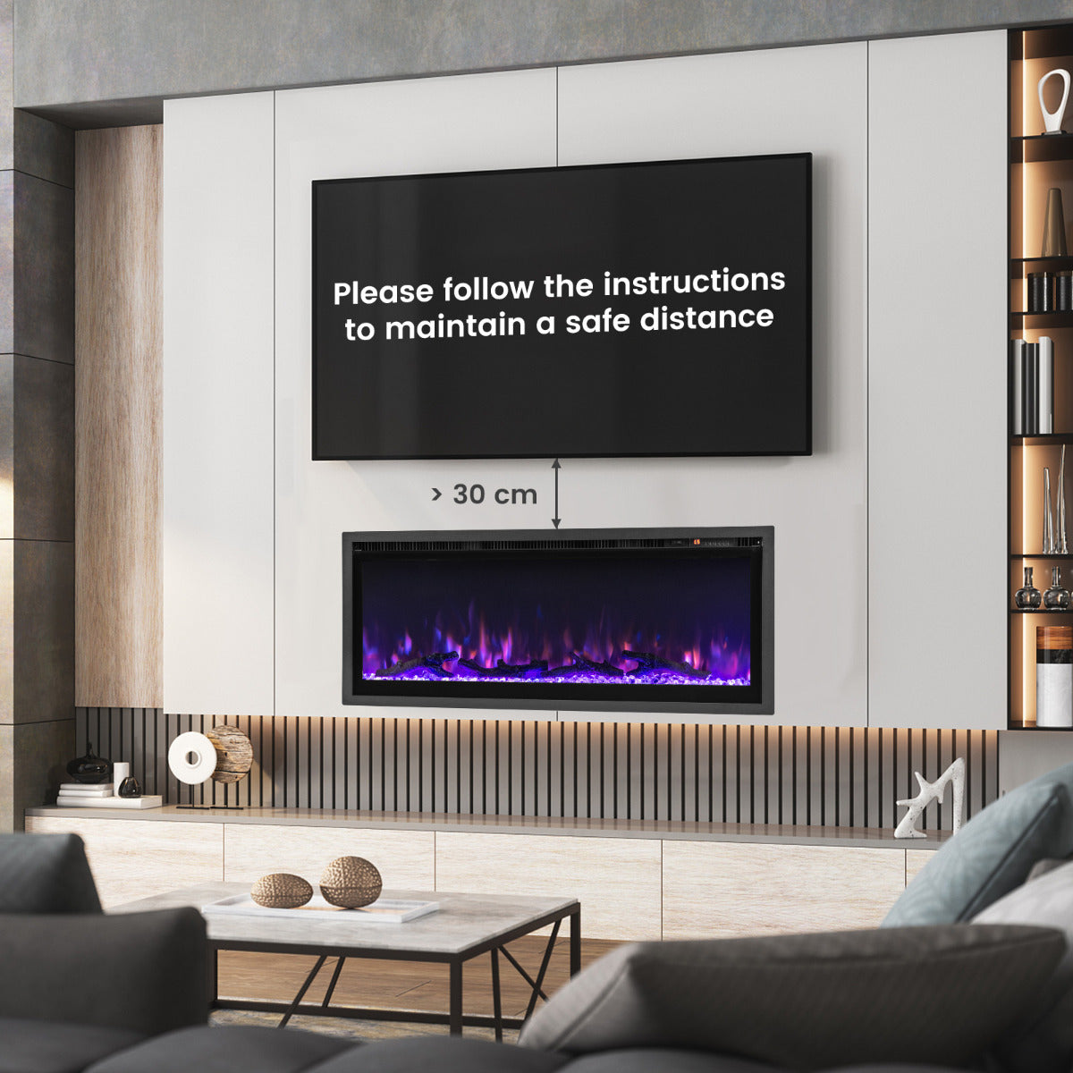 Linear Electric Fireplace with Log and Crystal Decor and Remote Contro-106 cm