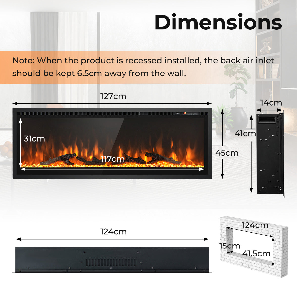 Linear Electric Fireplace with Log and Crystal Decor and Remote Contro-127 cm