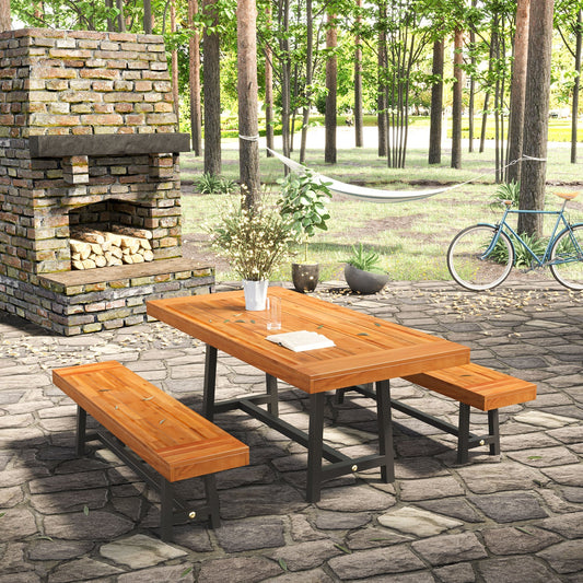 Outsunny Garden 3 Pieces Acacia Wood Picnic Table and 2 Benches Set Dining Trestle Beer Table Patio Outdoor Indoor Furniture