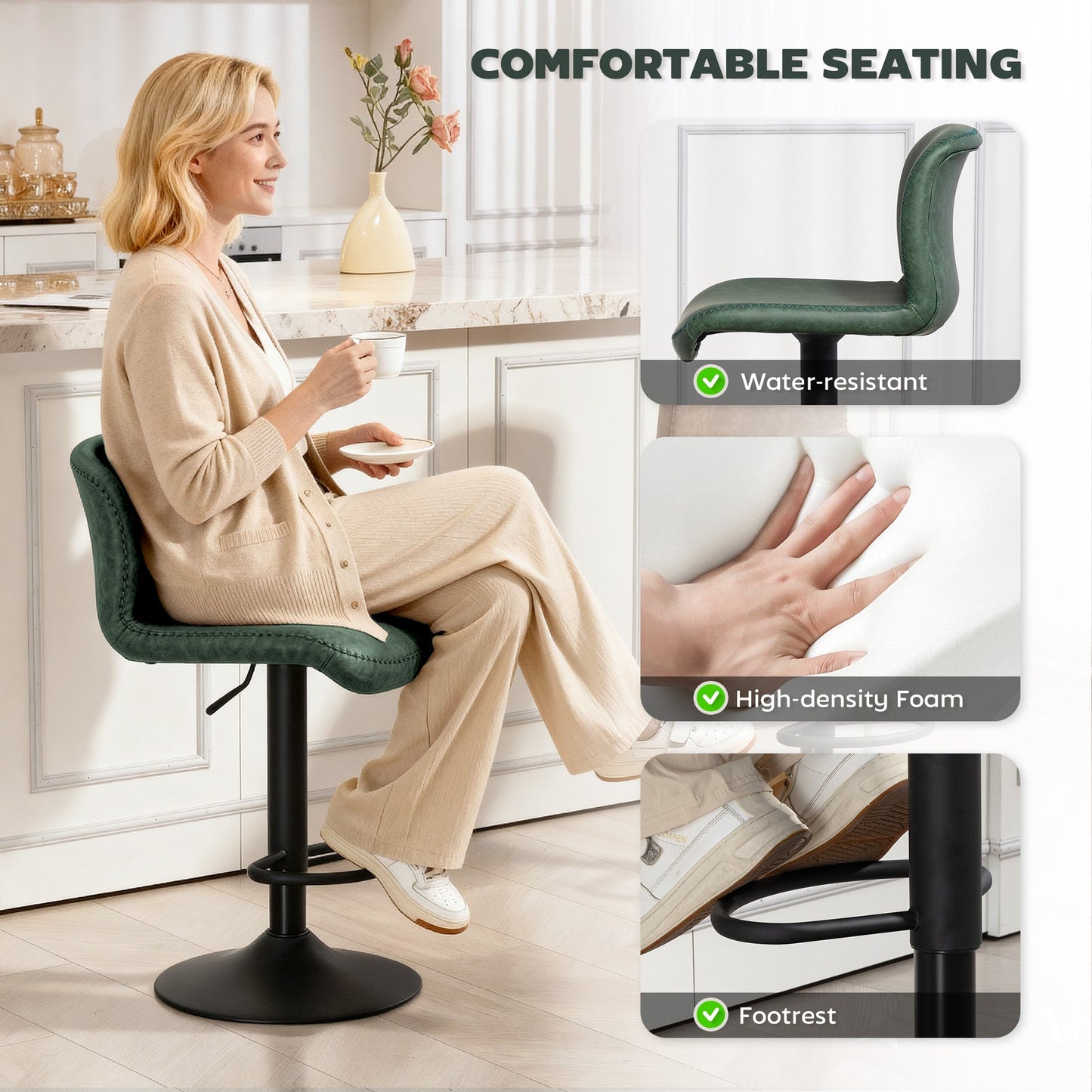 HOMCOM Bar Stools Set of 2, PU Leather Barstools with Backrest and Footrest for Kitchen, Counter, Breakfast Bar, Green