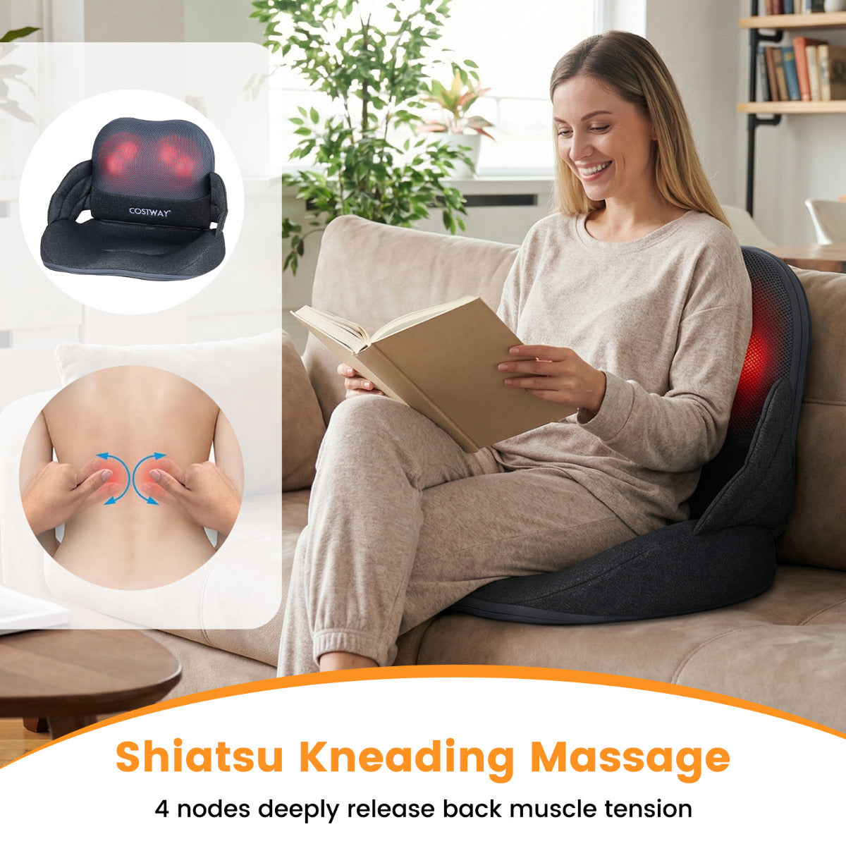 Low Back Massager with Heat Foldable Shiatsu Massage Lumber and Hip Support Seat Cushion-Grey