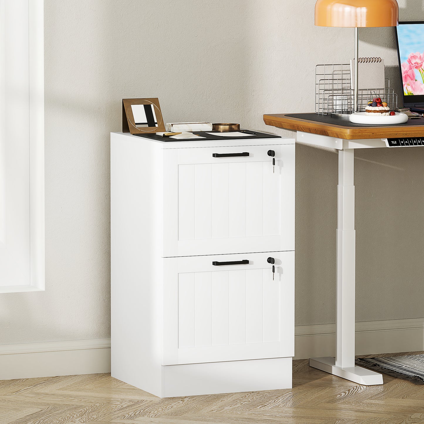 HOMCOM 2 Drawer Filing Cabinet with Lock, Office Storage Cabinet with Adjustable Hanging Bars for A4 Letter Size Files, White