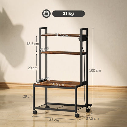 HOMCOM 4-Tier Printer Stand with Power Outlets and Wheels - Rustic Brown