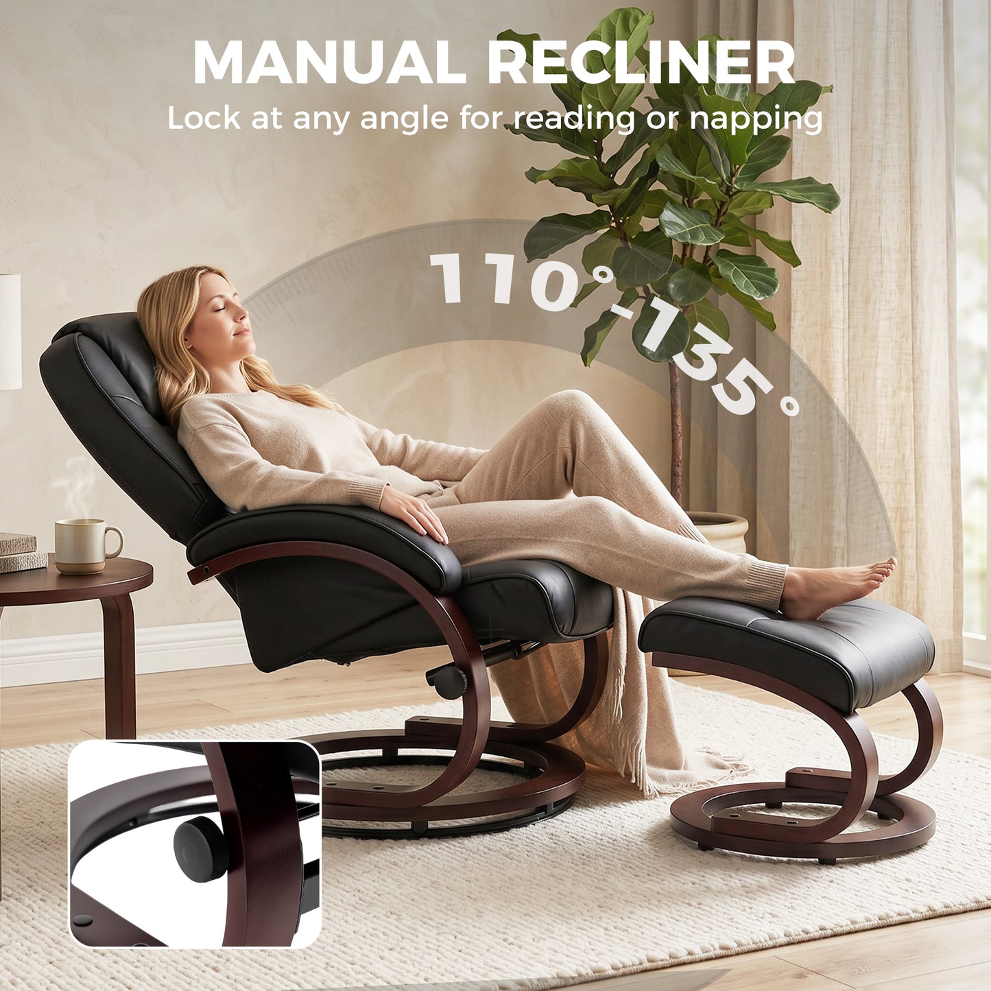HOMCOM Swivel Recliner Chair with Footstool, PU Leather Recliner Armchair with Adjustable Back and Wood Frame, Black