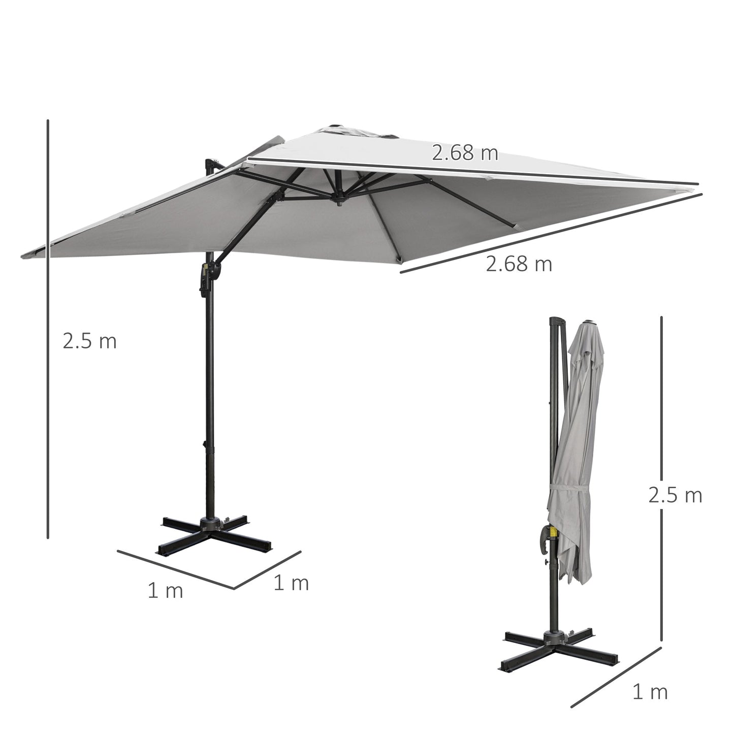 Outsunny 2.7 x 2.7 m Cantilever Parasol, Square Overhanging Umbrella with Cross Base, Crank Handle, Tilt, 360Â° Rotation and Aluminium Frame, Grey
