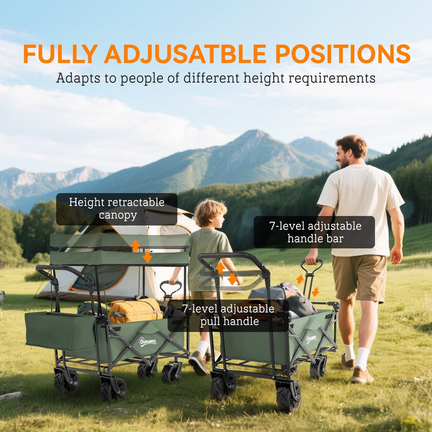 Outsunny Folding Trolley Cart Storage Wagon Beach Trailer 4 Wheels with Handle Overhead Canopy Cart Push Pull for Camping, Green