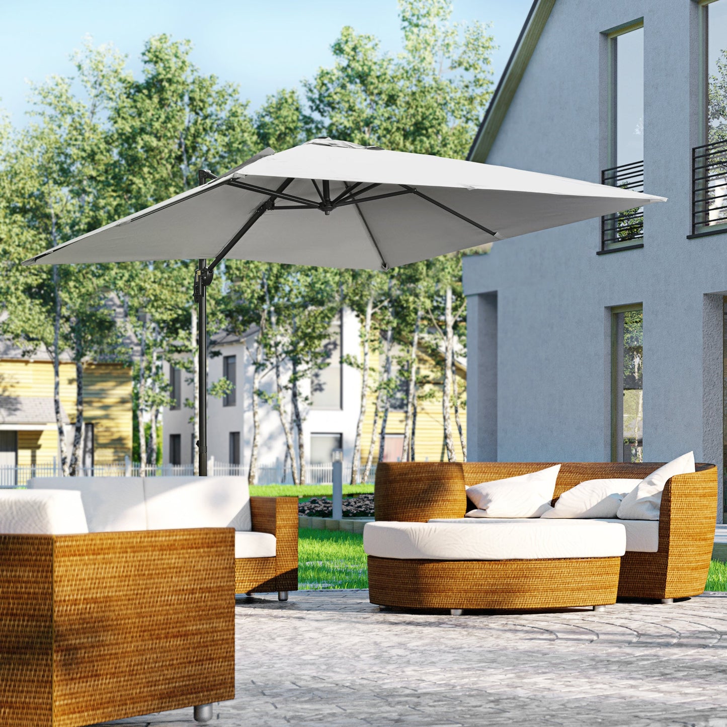 Outsunny 2.7 x 2.7 m Cantilever Parasol, Square Overhanging Umbrella with Cross Base, Crank Handle, Tilt, 360Â° Rotation and Aluminium Frame, Grey