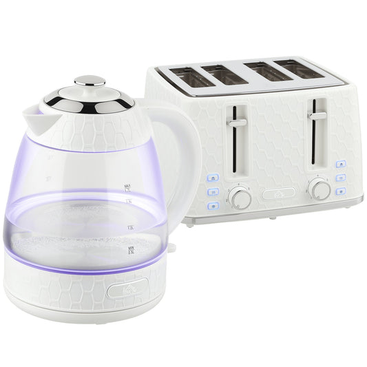 HOMCOM Kettle and Toaster Set, 1.7L 3000W Rapid Kettle with Strix Thermostat, 4 Slice Toaster with 7 Browning Controls, Cream