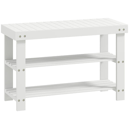HOMCOM Two Shelf Bamboo Shoe Storage Bench - White