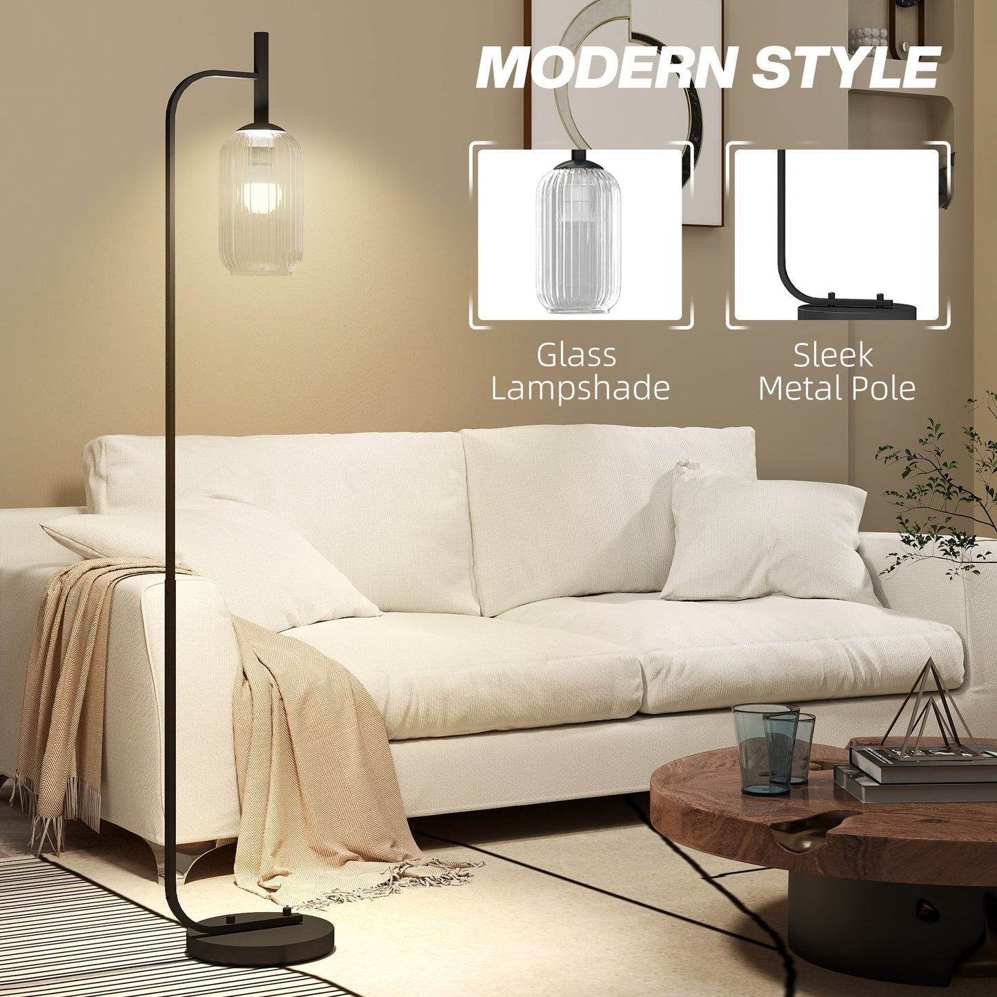 HOMCOM Floor Lamp for Living Room with Glass Lampshade, Modern Standing Lamp with Foot Switch for Bedroom, Bulb not Included, Black