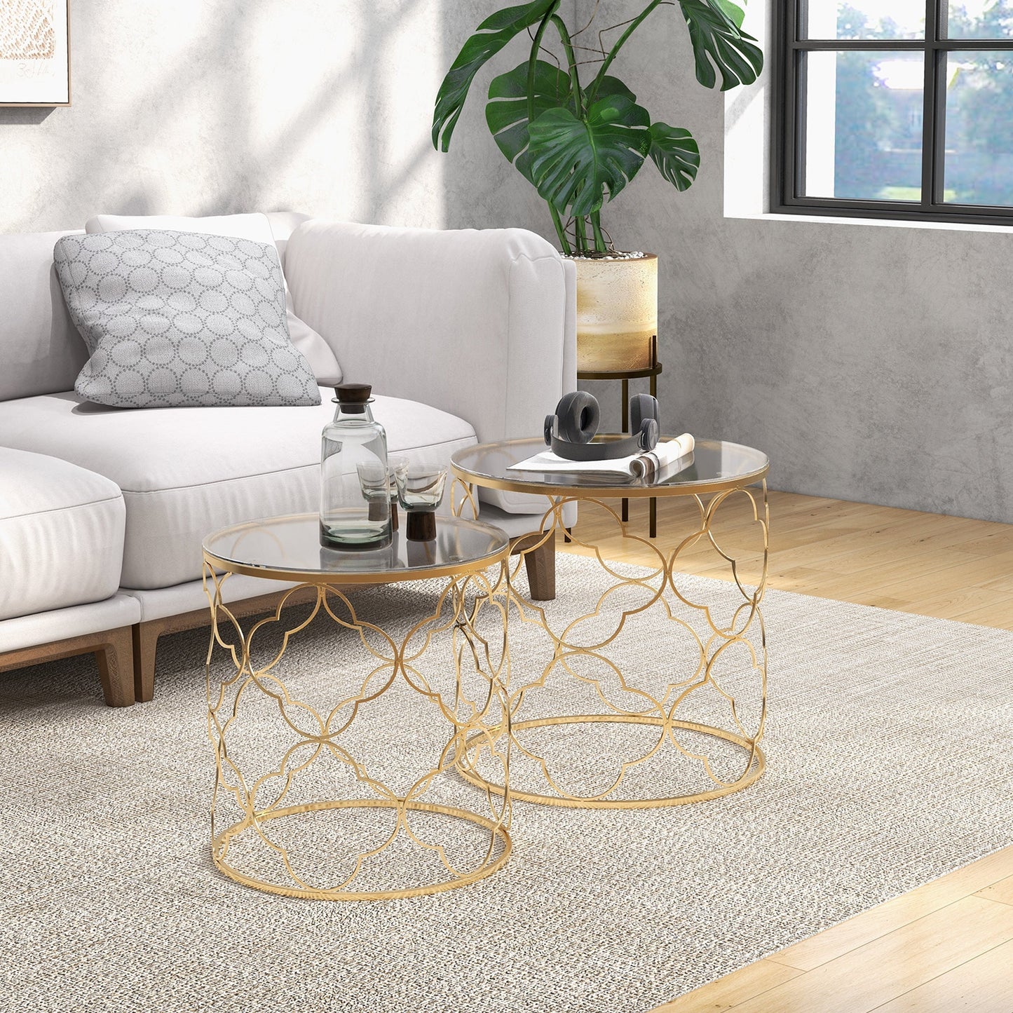 HOMCOM Nesting Tables Set of 2, Modern Stacking Side End Table with Tempered Glass Top, Metal Frame for Living Room Bedroom Office, Gold Tone