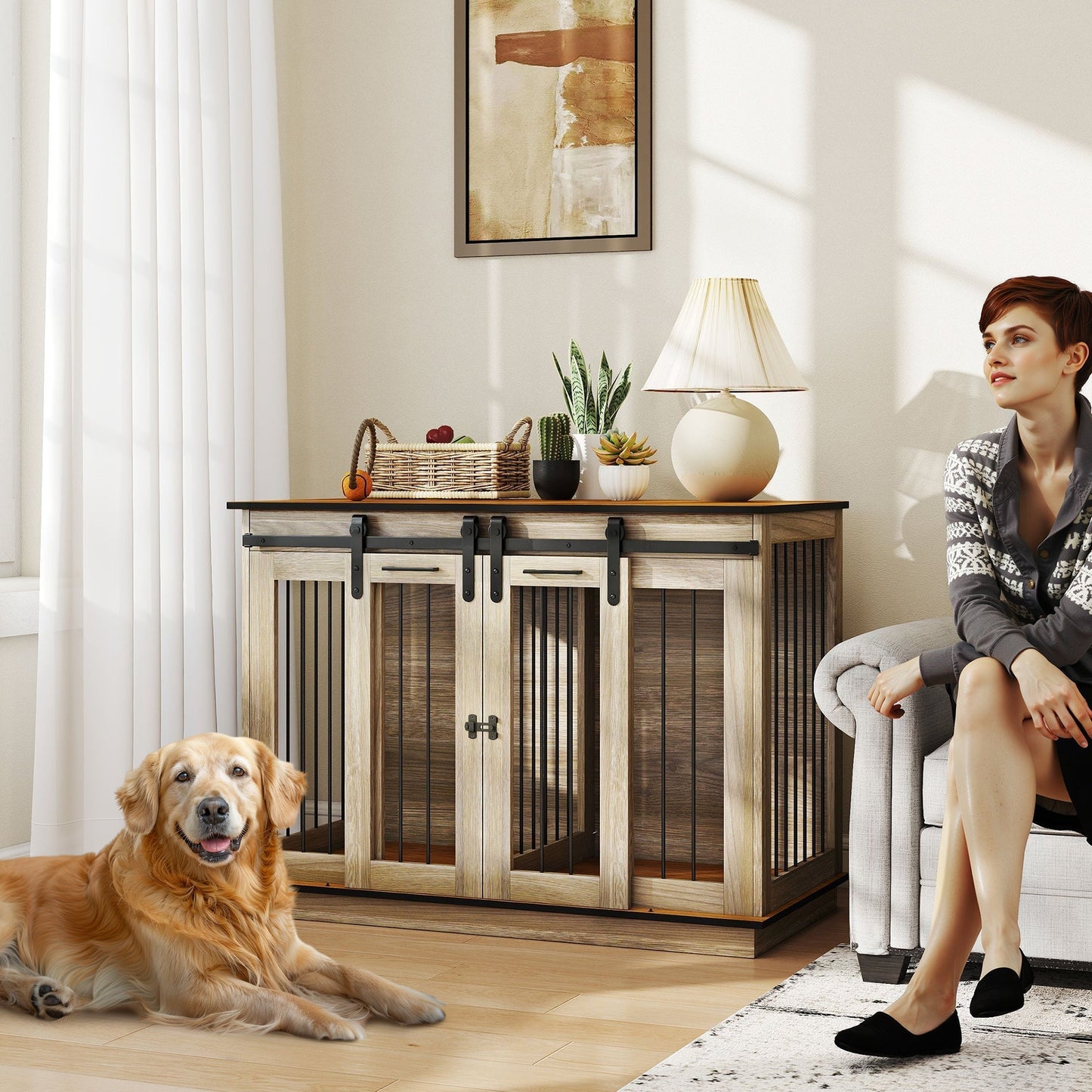 PawHut Dog Crate Furniture for Large Dogs, Double Dog Cage for Small Dogs, with Sliding Doors - Oak Tone