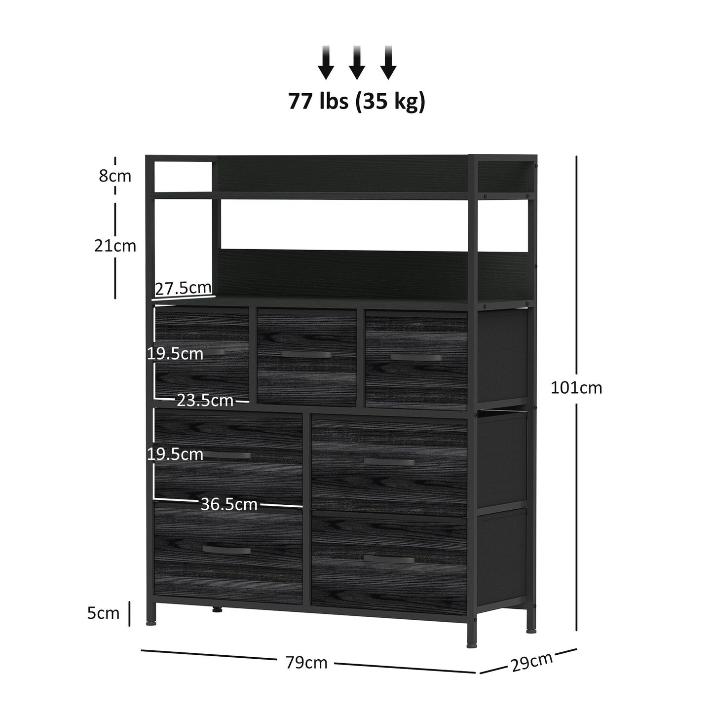 HOMCOM Rustic Chest of Seven Fabric Drawers - Black