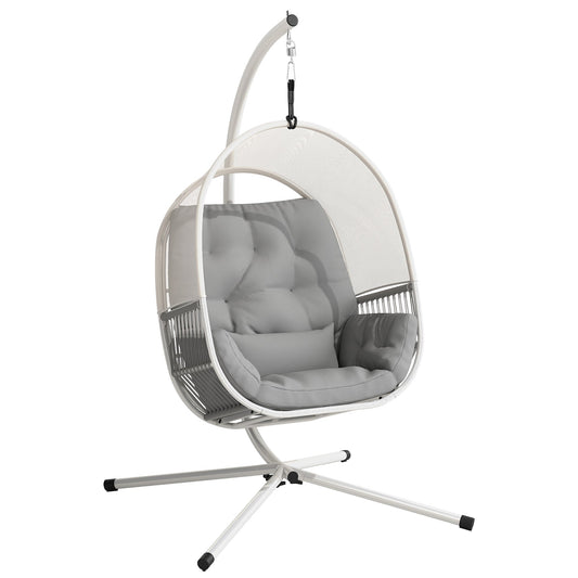 Outsunny Hanging Egg Chair Outdoor Indoor, Swing Hammock Chair with Stand, Cushions, Lumbar Pillow, Adjustable Height and Steel Frame for Garden Patio Lounge Porch, Light Grey