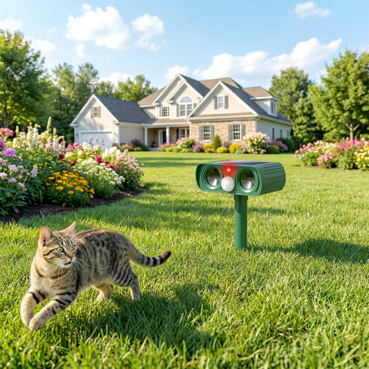 Outsunny Ultrasonic Cat Repellent, PIR Motion Sensor 110Â°, LED Flash, Solar Cat Deterrents for Gardens UK