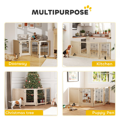 PawHut 4 Panel Freestanding Pet Gate, Indoor Dog Barrier with Lockable Door, Support Feet, 360Â° Flexible Hinges, Oak