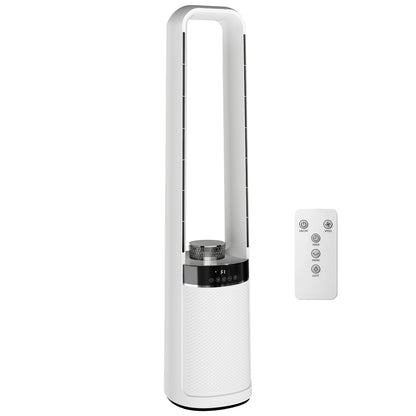 HOMCOM Bladeless Tower Fan, 36dB Standing Cooling Fan with 45° Oscillating, LED Lights, 3 Speeds, 12H Timer, Remote Control