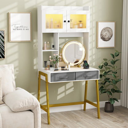 Makeup Vanity Desk with Rotating Mirror and Adjustable Light-White