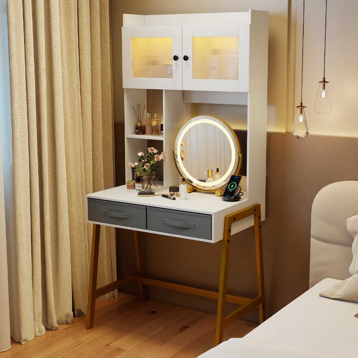 Makeup Vanity Desk with Rotating Mirror and Adjustable Light-White