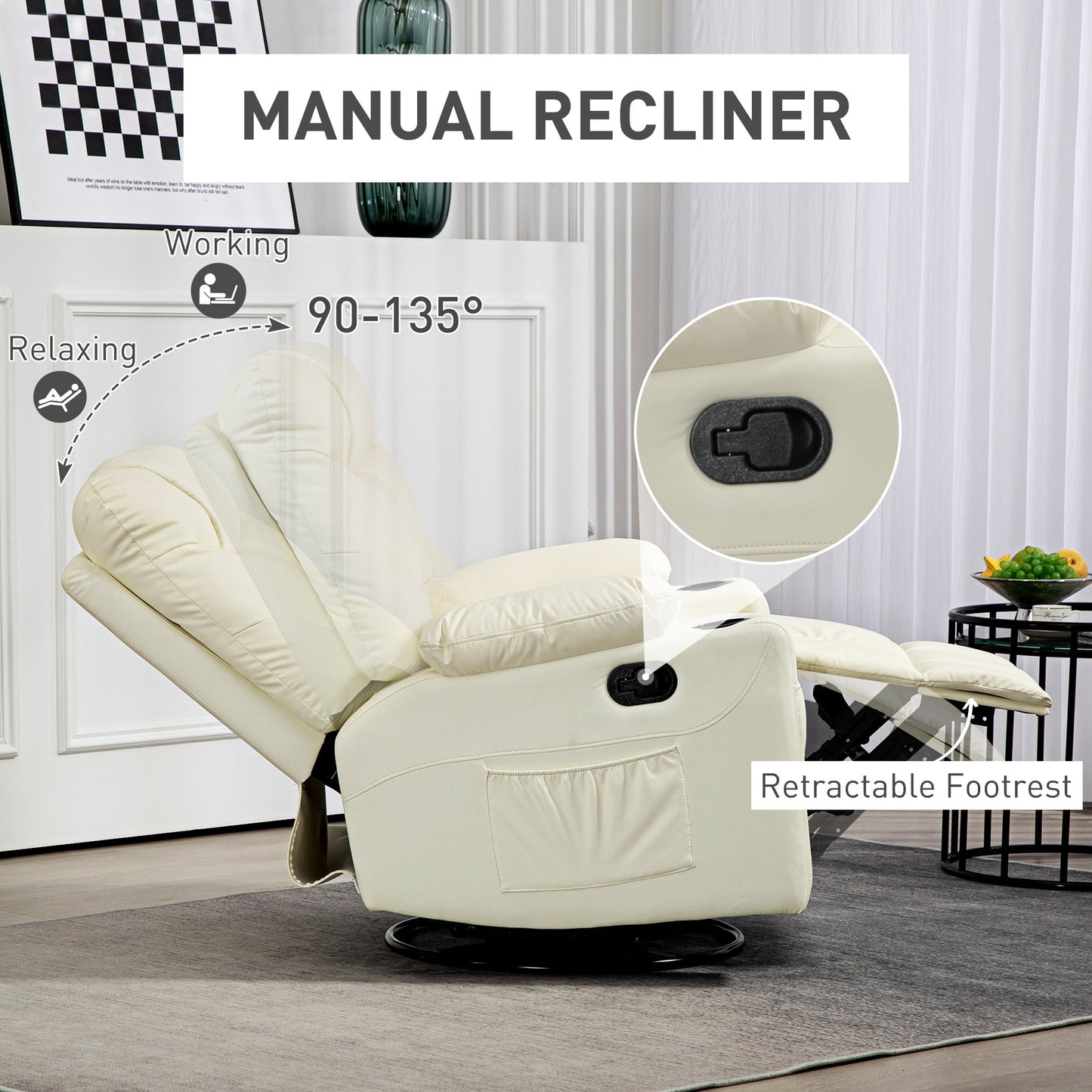 HOMCOM Manual Reclining Chair, Recliner Armchair with Swivel, Faux Leather, Footrest, Cup Holders, 86x93x102cm, Cream