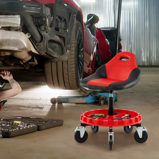 Mechanic Stool on Wheels with 71-83 cm Adjustable Height and Tool Tray Storage-Black & Red