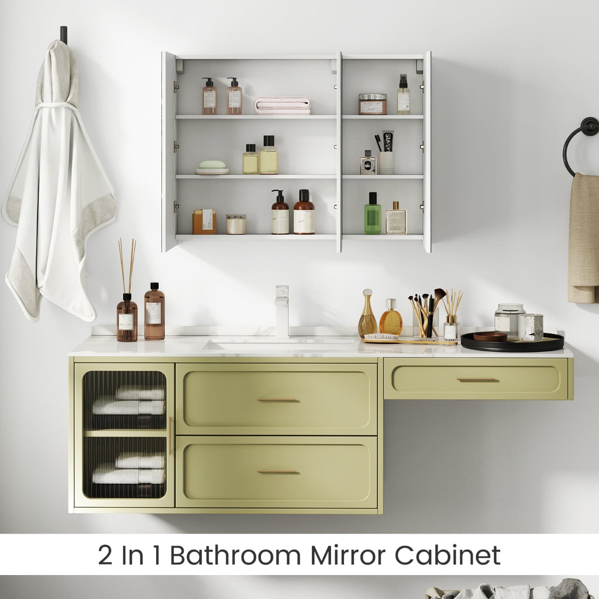 Medicine Cabinet with Mirror Frameless Bathroom Wall Mounted Mirror Cabinet-White