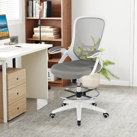 Mesh Drafting Chair with Flip-up Armrests and Mid-Back Padded15-White