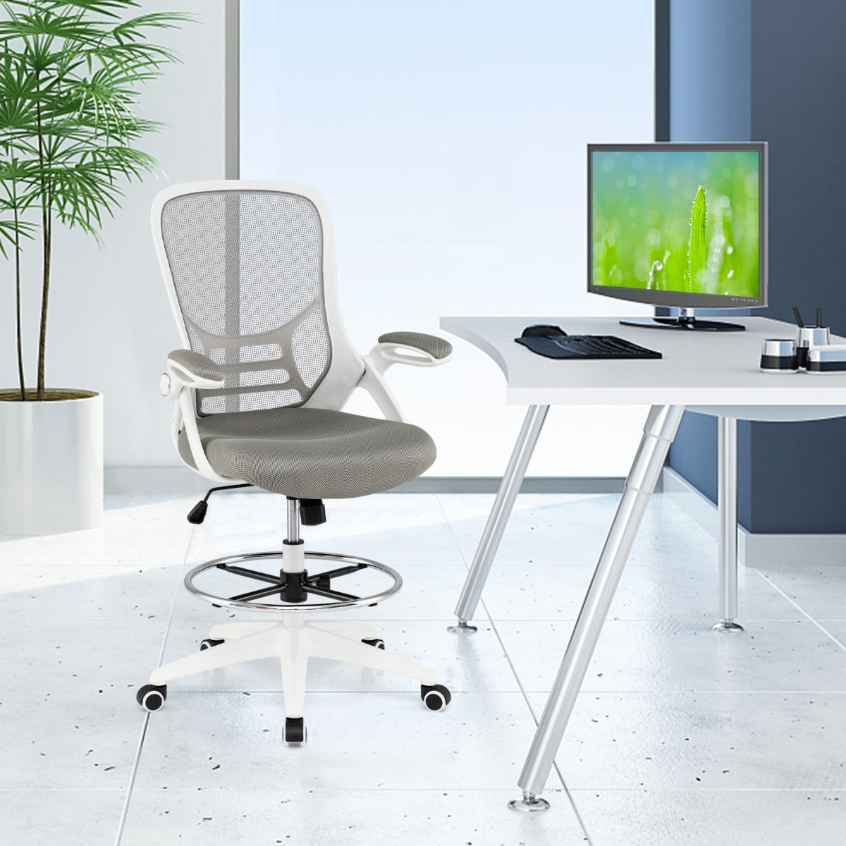 Mesh Drafting Chair with Flip-up Armrests and Mid-Back Padded15-White