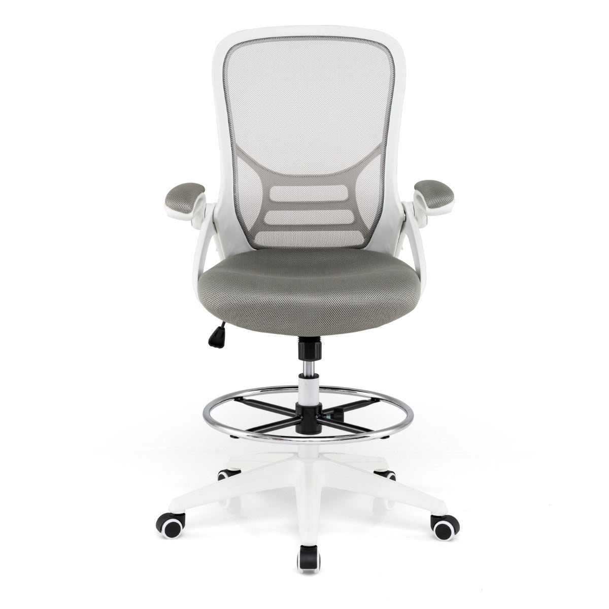 Mesh Drafting Chair with Flip-up Armrests and Mid-Back Padded15-White