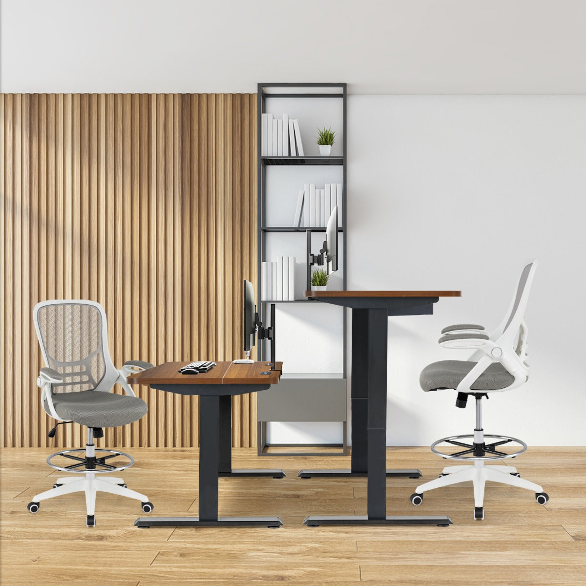 Mesh Drafting Chair with Flip-up Armrests and Mid-Back Padded15-White