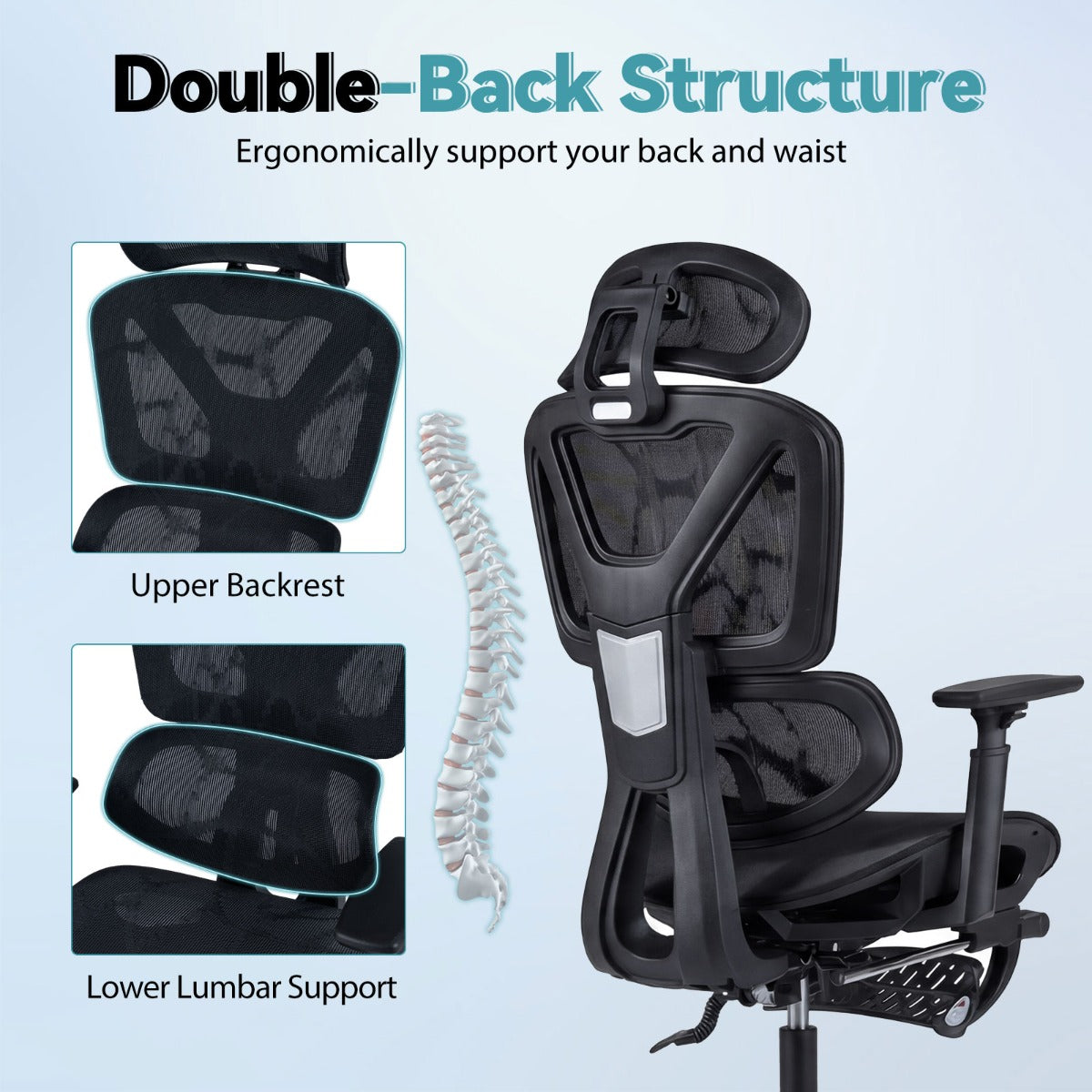 Mesh Office Chair with Retractable Footrest and Waterfall Seat-Black