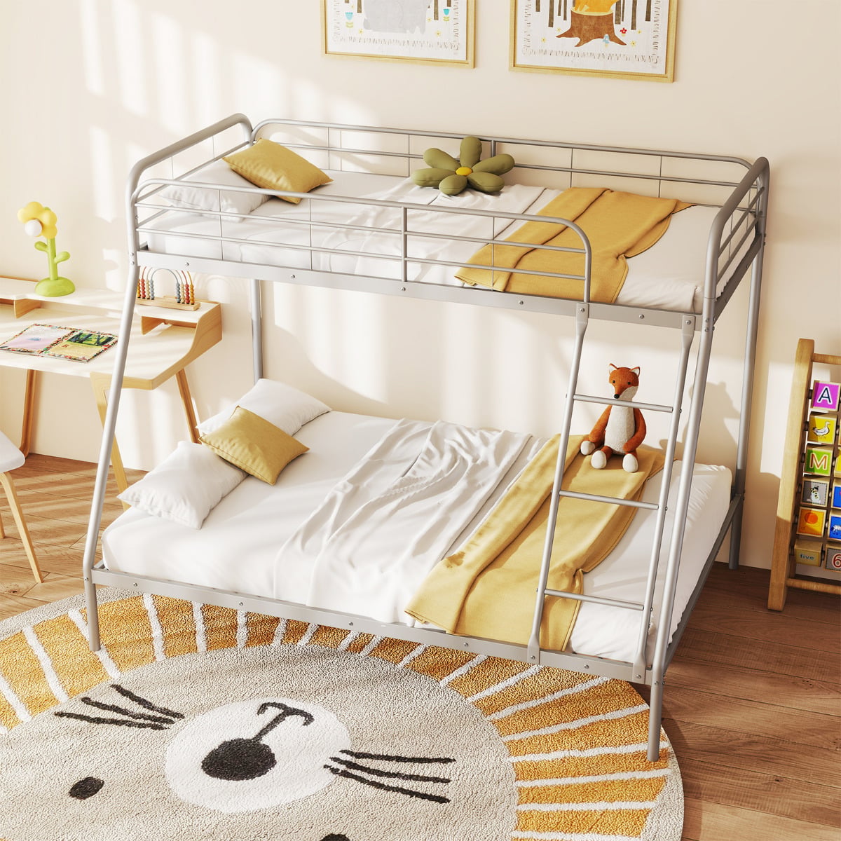 Metal Bunk Bed with Ladder with Safety Guardrail for Teens Adults-Silver