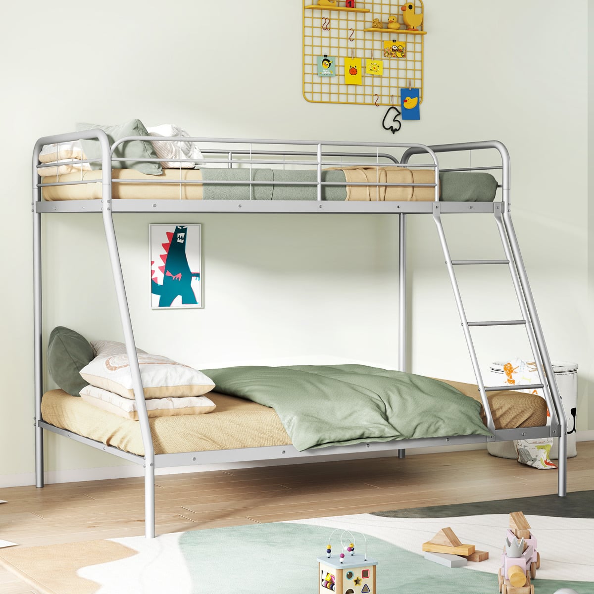 Metal Bunk Bed with Ladder with Safety Guardrail for Teens Adults-Silver