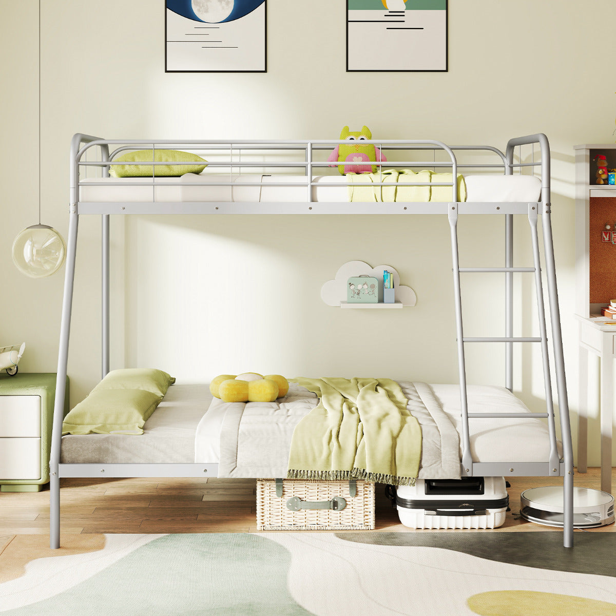 Metal Bunk Bed with Ladder with Safety Guardrail for Teens Adults-Silver