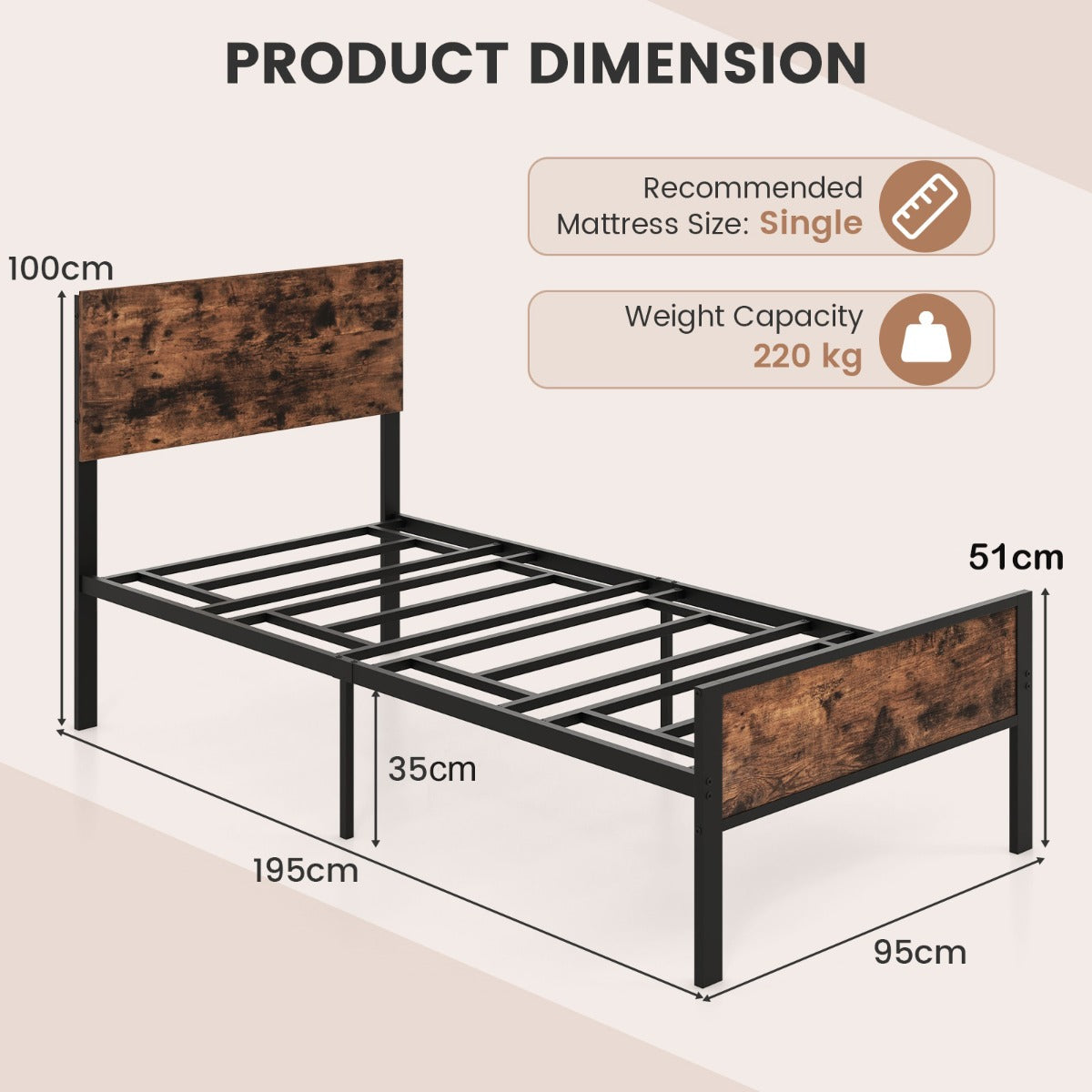 Metal Platform Bed with Headboard and Footboard-Brown-Single Size