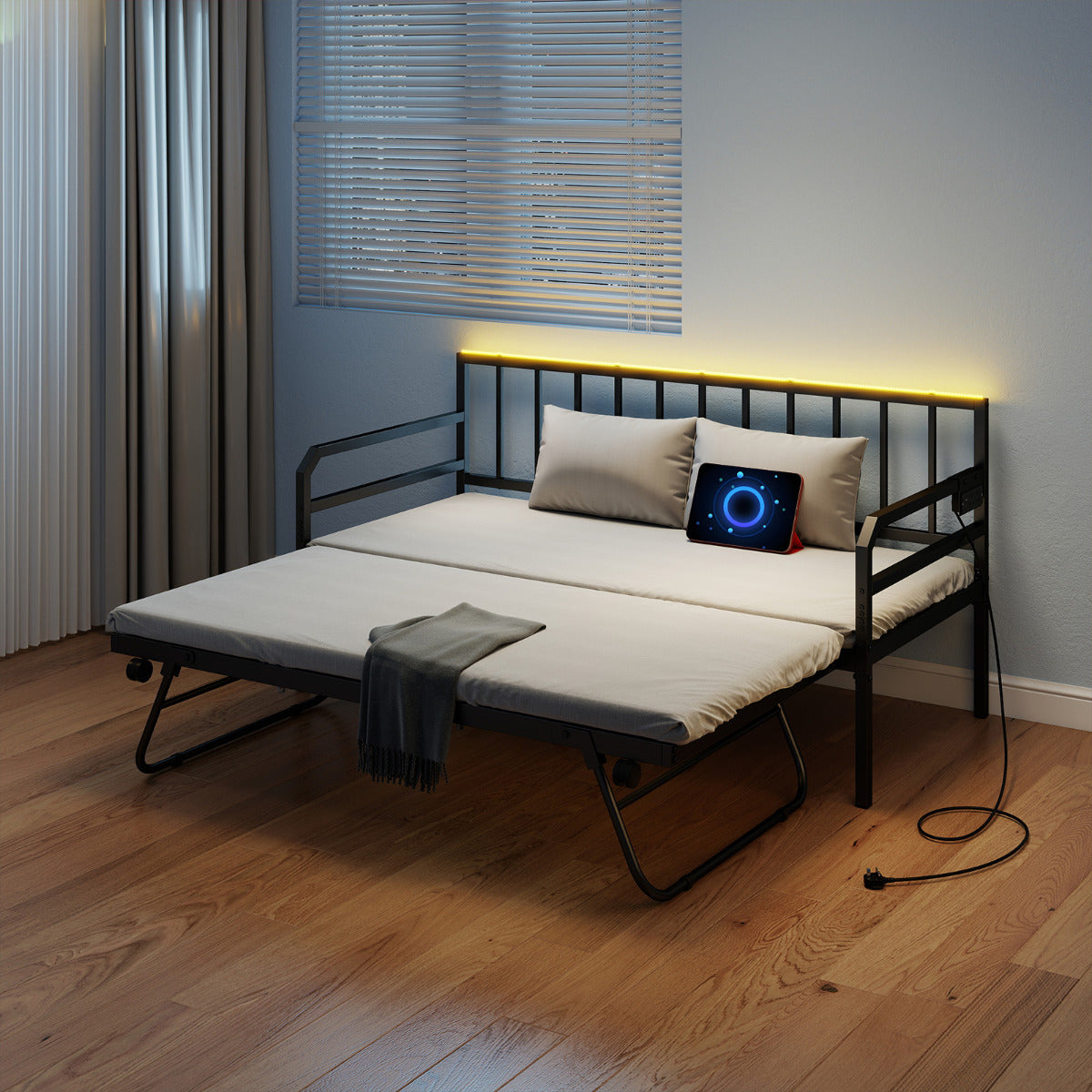 Metal Single Size Daybed with Charging Station and LED Lights-Black