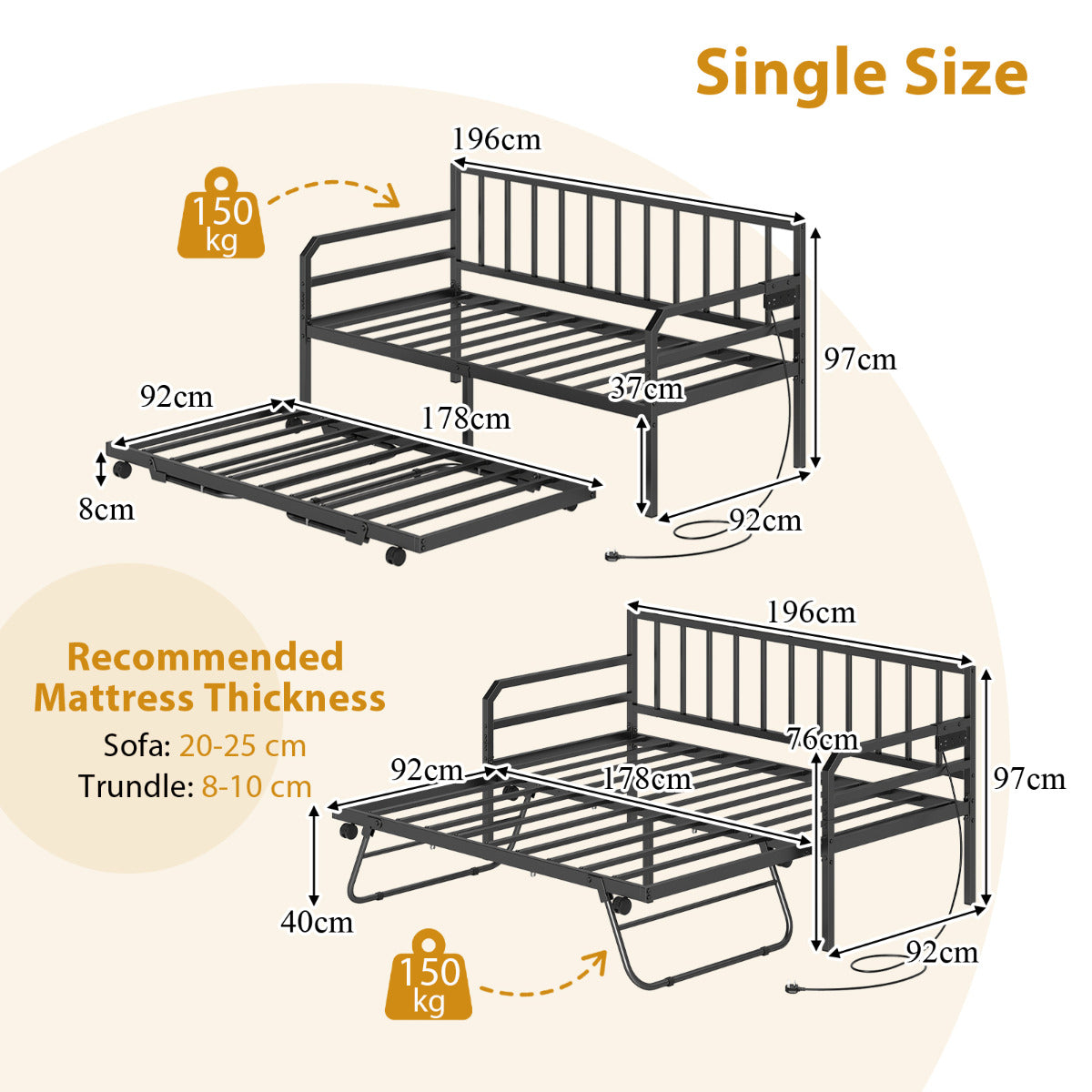 Metal Single Size Daybed with Charging Station and LED Lights-Black