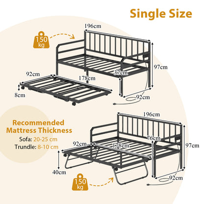Metal Single Size Daybed with Charging Station and LED Lights-Black
