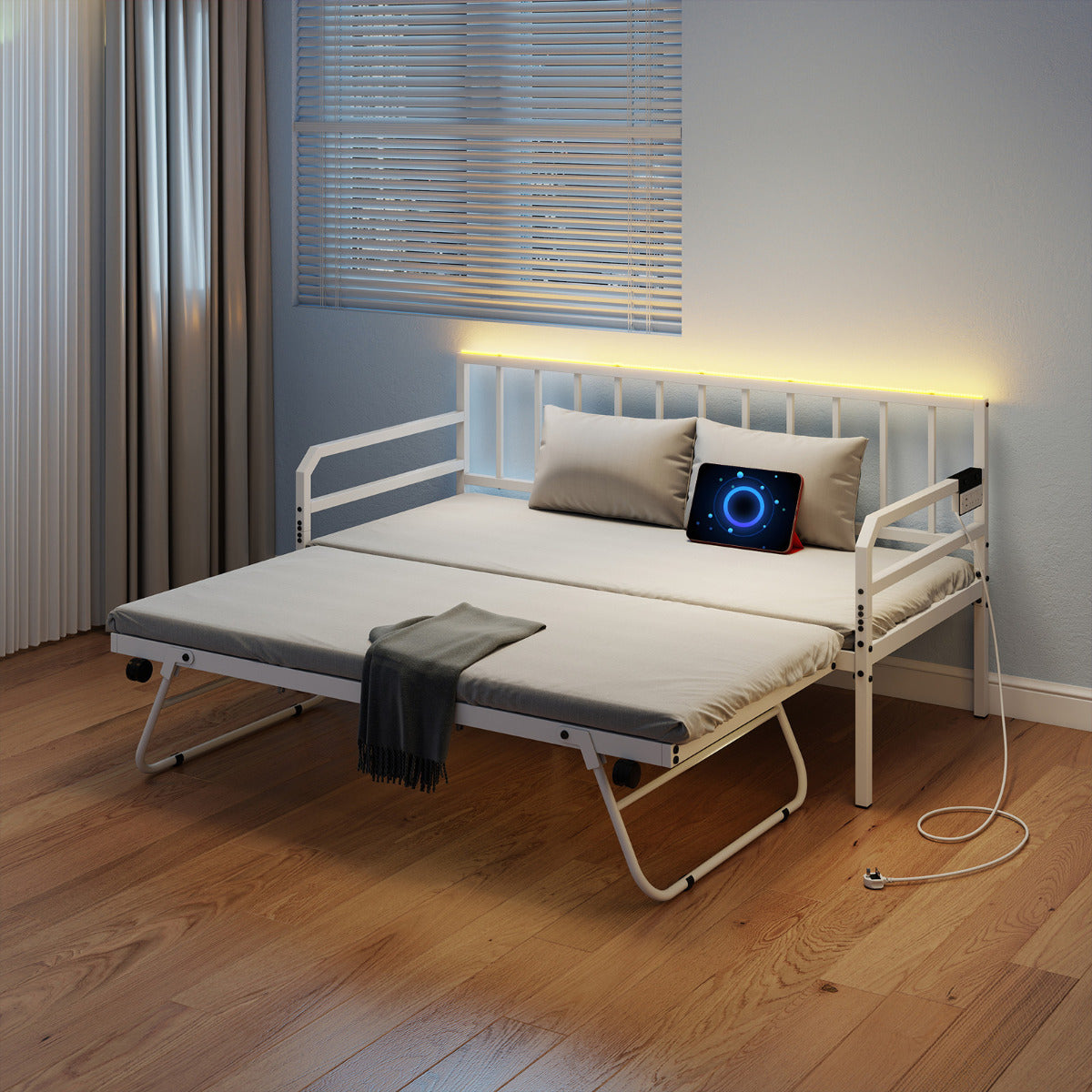 Metal Single Size Daybed with Charging Station and LED Lights-White
