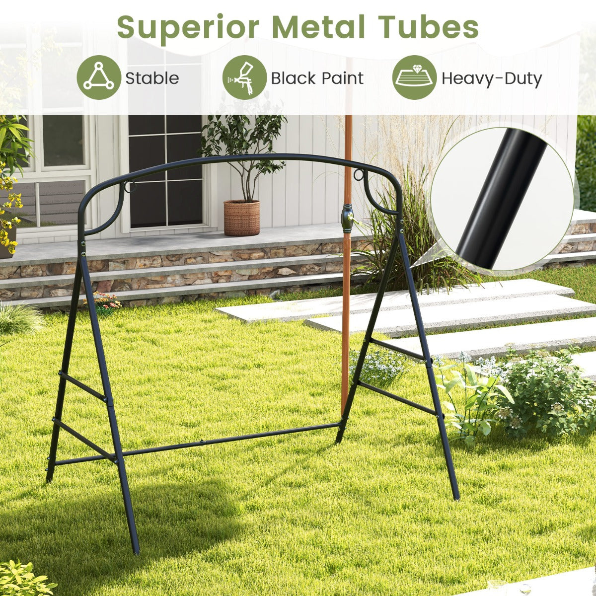 Patio Metal Swing Stand with Double Side Bars and 2-Ring Design-Black