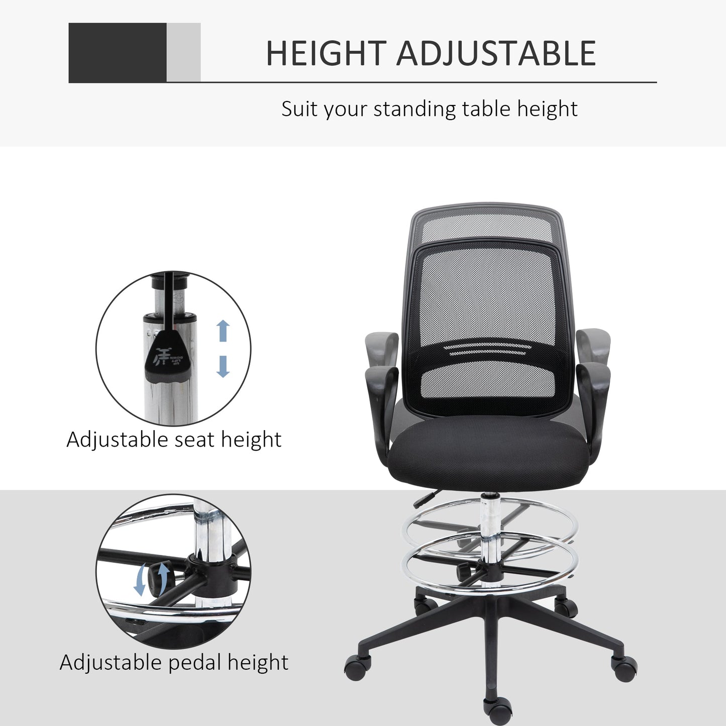 Vinsetto Ergonomic Mesh Back Drafting Chair, Tall Office Chair, Draughtsman Chair with Adjustable Height and Footrest 360  Swivel, Set of 5