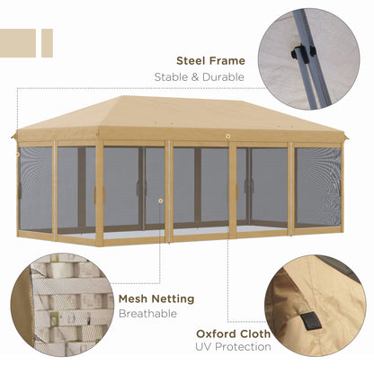 Outsunny 3 x 6m Pop Up Gazebo, Outdoor Canopy Shelter, Marquee Party Wedding Tent with 6 Mesh Walls and Carry Bag, Beige