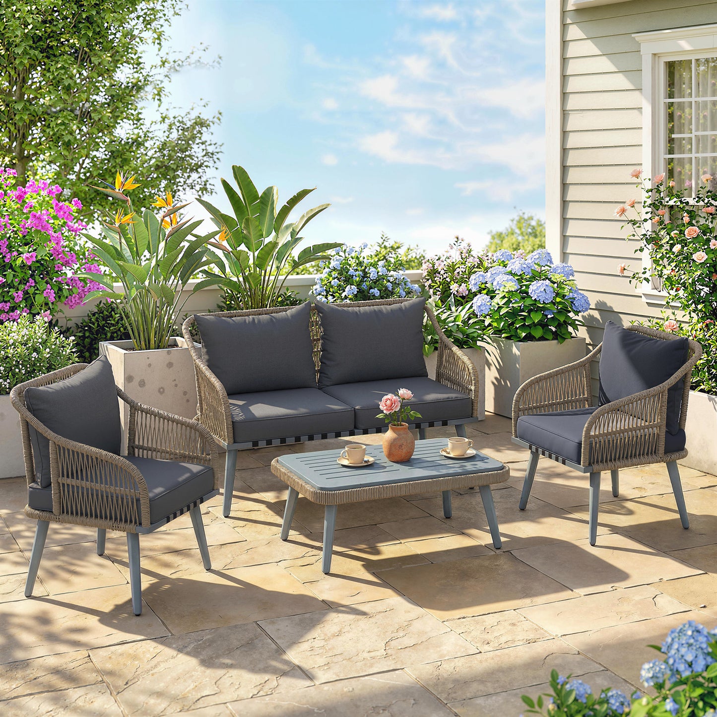 Outsunny 4 Piece Rattan Garden Furniture Set with Loveseat, Armchairs, Wood Table, Wicker Patio Conversation Set, Grey